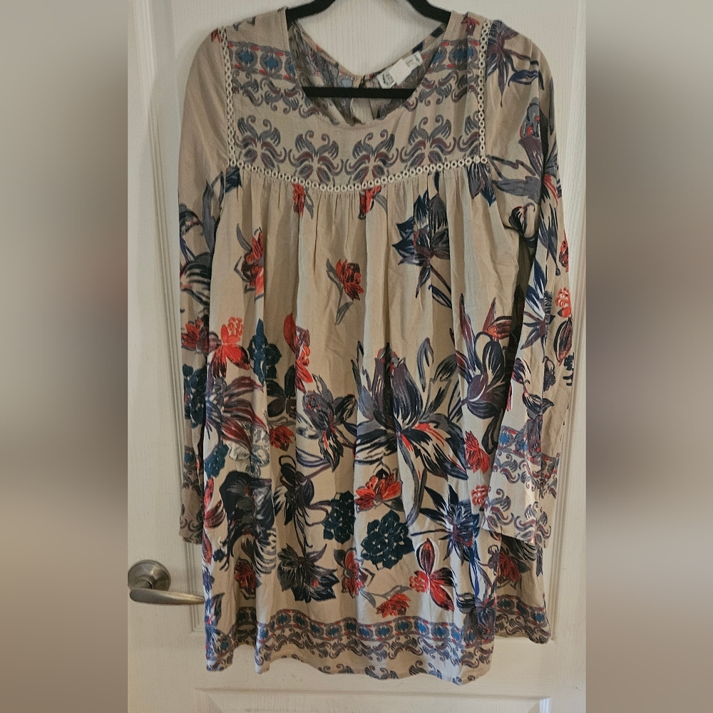 Anthropologie Floral Print Dress - Beige, Red, Blue